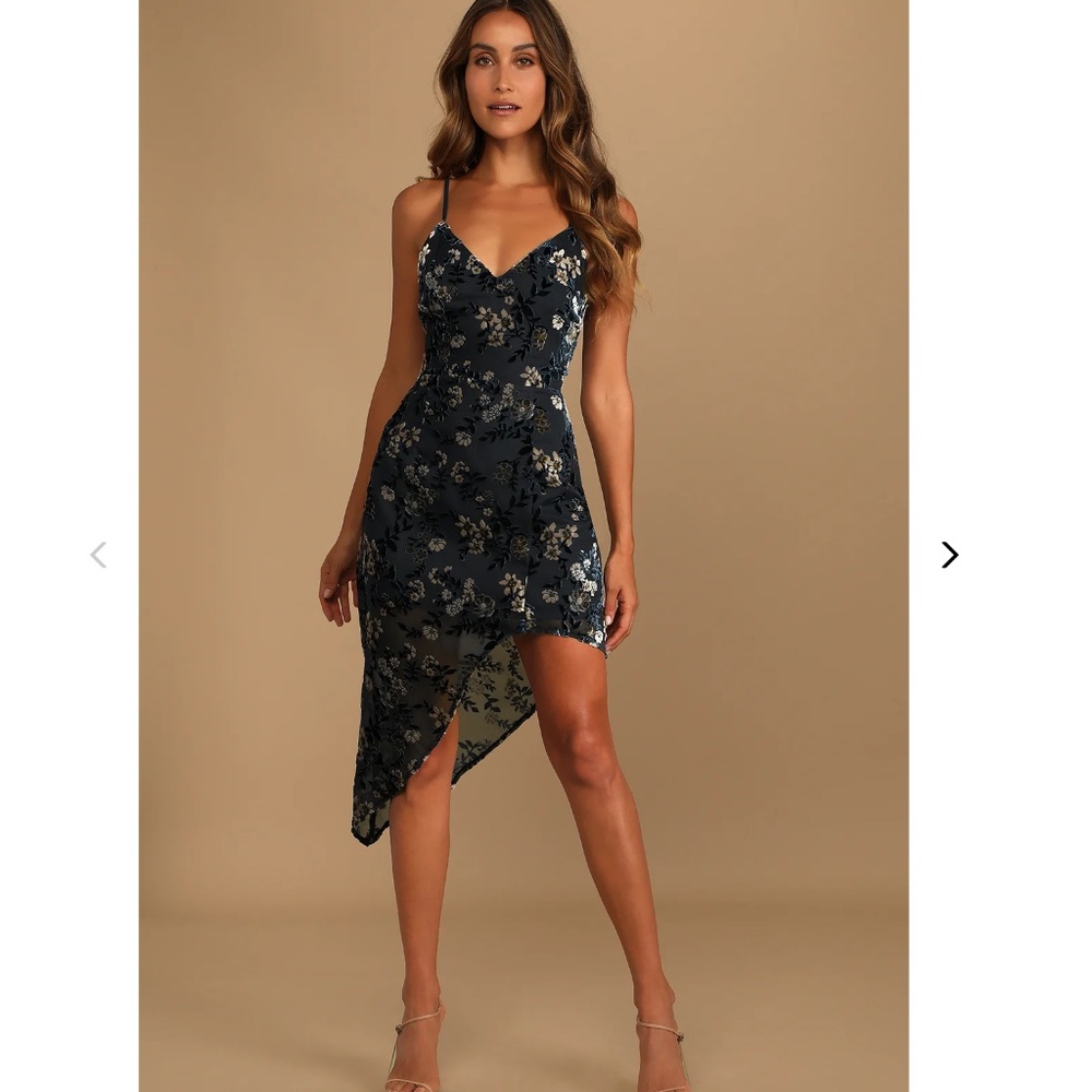 Lulus - Evenings with You Dark Teal Floral Velvet Asymmetrical Dress